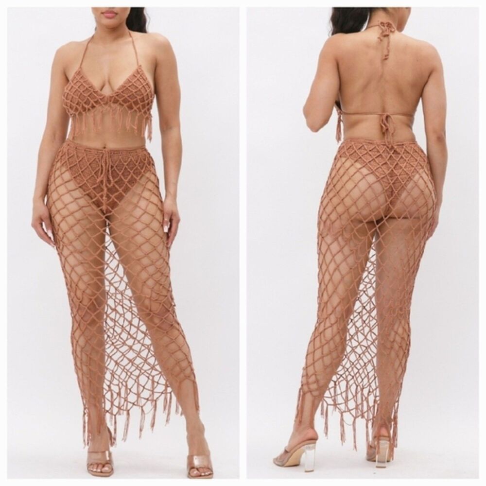 Julia By Love J Crochet Swim Cover Set Open Knit Bra Drawstring Maxi Skirt S/M